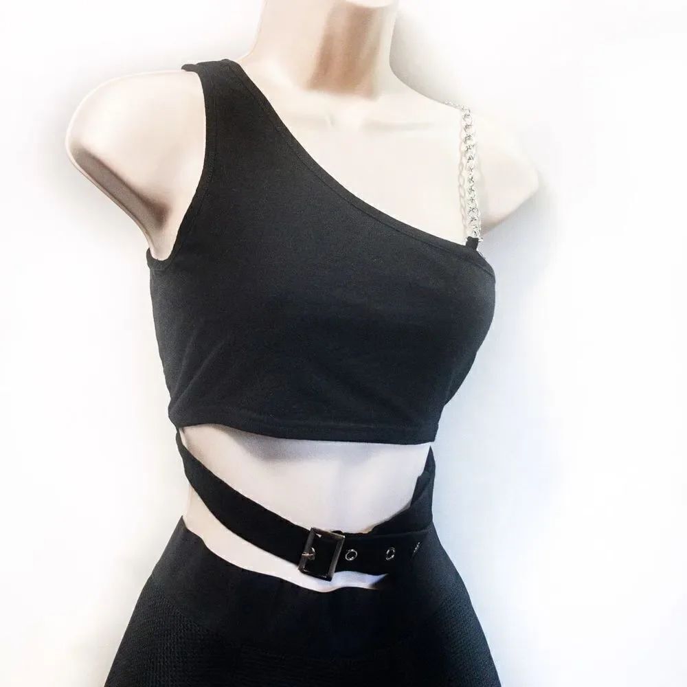 ZAFUL Black One Shoulder Chain Hollowed Out Tank Sz 6